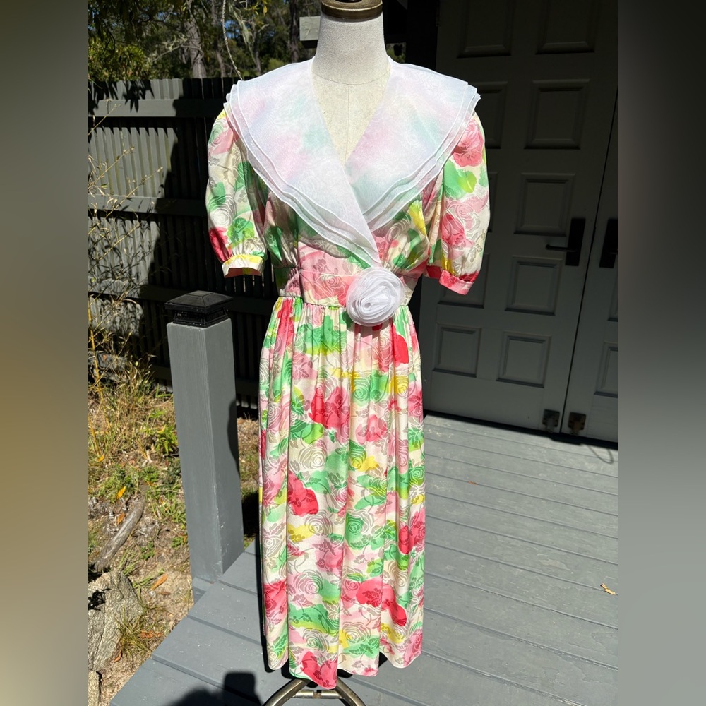 Juilliard Petite Silk Dress in Pink & Green Floral with Organza Detail